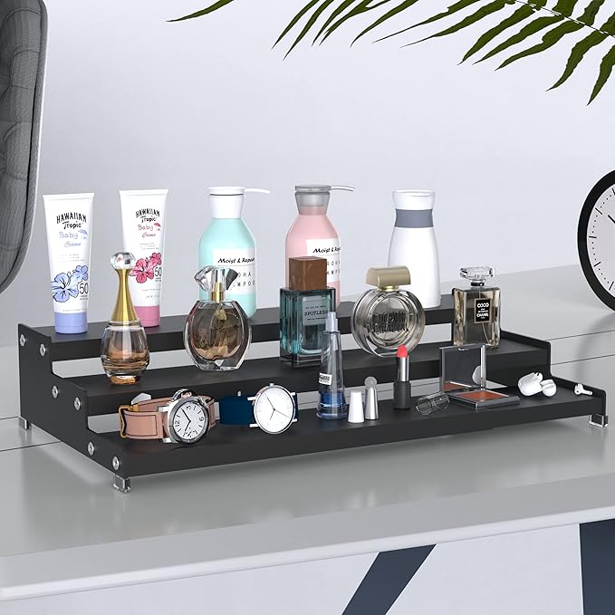 Spice Rack Organizer 3 Tier Expandable Display Shelf(12.8"-24.01" W) Non-Skid Heavy Duty Sturdy Metal Iron Alloy Steel Step Racks 2 Packs/Black