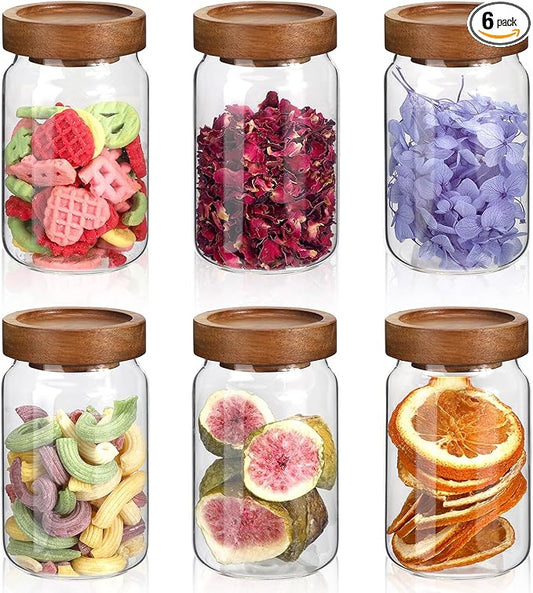 Small Glass Jars with Airtight Lid Spice Jar Round Food Storage Canister Clear Glass Seasoning Containers Jar for Pantry Sugar Tea Coffee Bean Spice Nuts Cookies Bath Salts (6 * 200ml(6.76oz))