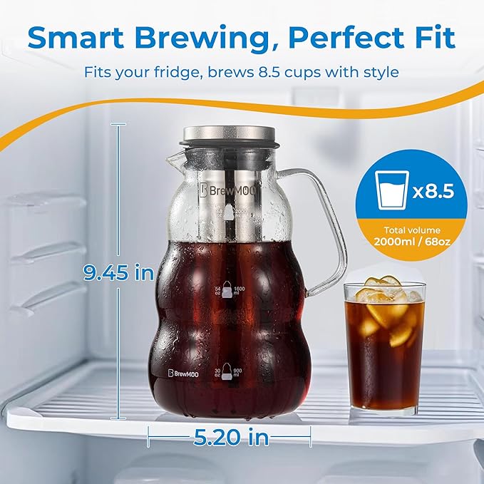 BrewMOO- Cold Brew Coffee Maker (2.0L/68Oz), Sleek Wave Borosilicate Glass Pitcher with Stainless Steel Filter, Airtight Lid + Wide Spout + Comfort Handle, Effortless Manual, Sophisticated Gift