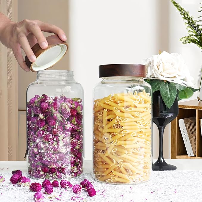 Glass Coffee Jars Spice Jar Round Storage Canister with Wooden Lid Clear Glass Food Jar for Pantry Sugar Tea Coffee Bean Spice Nuts Cookies Bath Salts (2300ml/77oz-2PACK(with spoon）)