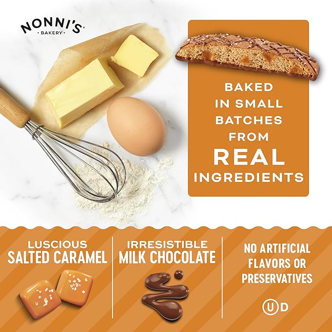 Nonni's Salted Caramel Milk Chocolate Biscotti Cookies — Individually Wrapped Italian Coffee Snack, Crunchy Twice-Baked, 90 Cal Each, 21 oz Carton, 4 Pack