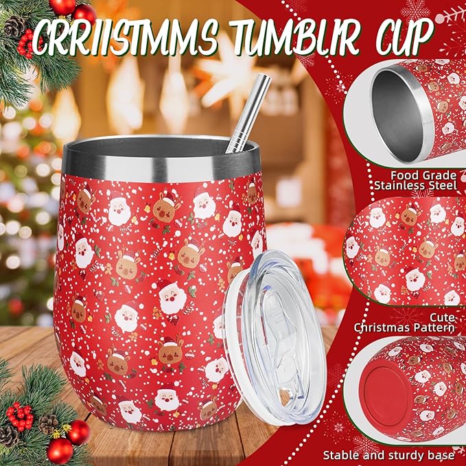 Christmas Wine Tumbler 12 oz Stainless Steel Wine Tumble Insulated Wine Tumbler with Lid Christmas Wine Glass Gifts with Straw and Brushes for Women Men Xmas Wedding Party (Red)