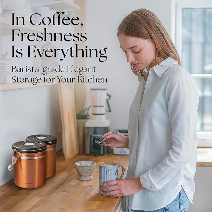 Mixpresso 16 Oz Copper Coffee Canister, Stainless Steel Airtight Coffee Container, Ground and Bean Storage with Date Tracker, Vacuum Sealed Espresso Airtight Container, Sugar Container