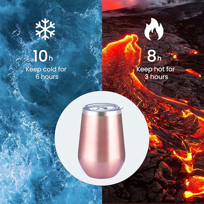 MEWAY Stemless 12oz Insulated Wine Tumbler with Lid and Straw - Double Wall Stainless Steel Thermal Cup for Hot and Cold Drinks, Bridal Shower Prizes for winners(Rose Gold,1)