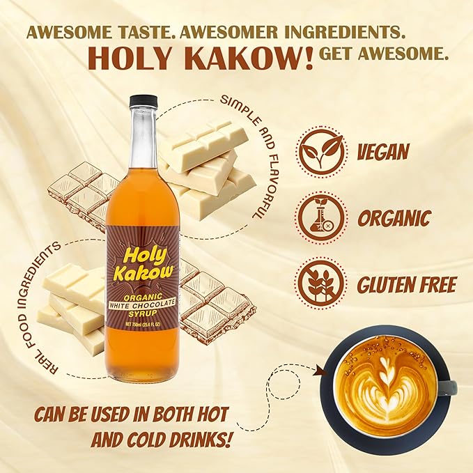 Holy Kakow Organic White Chocolate Syrup - Coffee Syrup, White Mocha Syrup, Organic Syrup for Coffee, White Chocolate Mocha Syrup, Coffee Flavoring Syrup, Add to Latte, Cocktail or Shake - 750ml