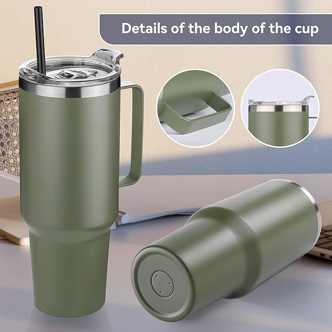 HASLE OUTFITTERS 40 oz Stainless Steel Tumbler with Handle, Vacuum Insulated Tumblers Bulk, Reusable Double Wall Travel Coffee Mug, Durable Powder Coated Water Bottle(Army Green, 1)