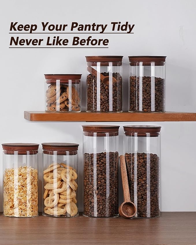 2PCS of 50floz Round Coffee Canister with Wooden Lids, Airtight Glass Coffee Jars for Ground Coffee, Coffee Beans Storage Container