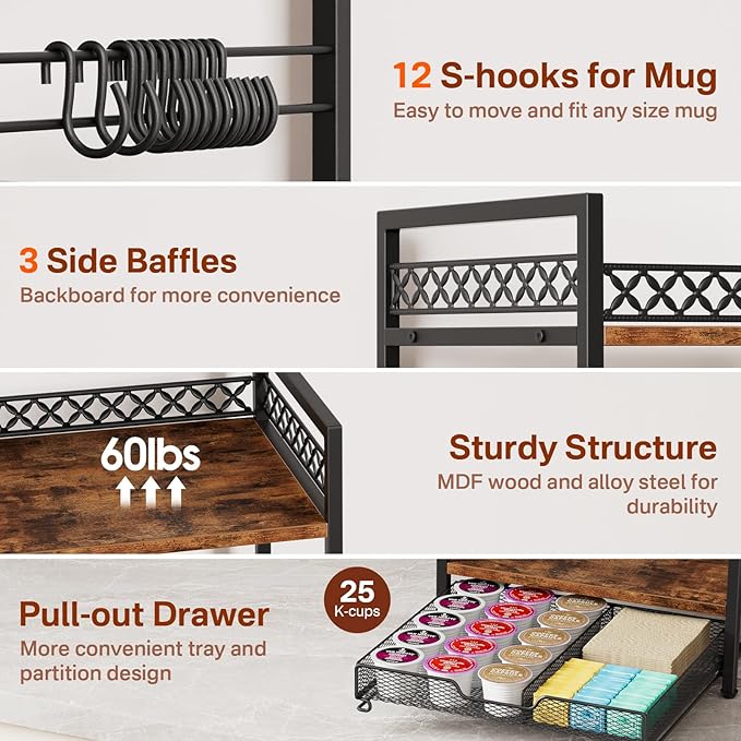 Coffee Bar Organizer Countertop, 3 Tier Mug Cup Holder Stand with 12 Hooks, 25 K Cup Coffee Pod Drawer with Mug Rack, Multifunctional Shelf for Accessories Kitchen (Black)