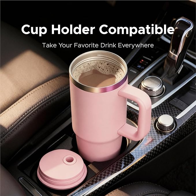 OMTech 30 oz. Tumblers with Handle & Lid, 12 Pack Tumbler Bulk with Double Wall Vacuum Insulation, Food-Grade Stainless Steel Insulated Coffee Mug, Sweatproof Travel Mug for Hot Cold Drinks, Pink