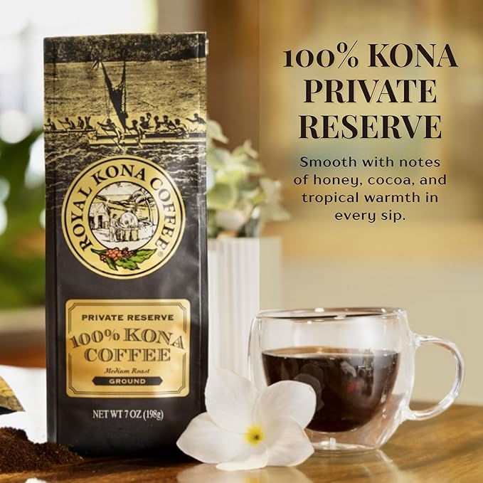 ROYAL KONA COFFEE Ground - 100% Hawaiian Kona Coffee, Private Reserve, Medium Roast, (Pack of 2)