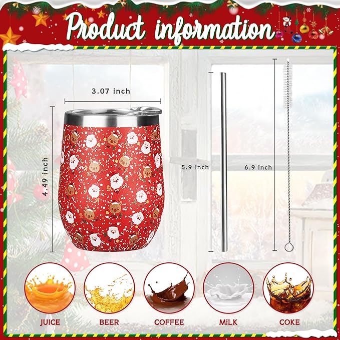 Christmas Wine Tumbler 12 oz Stainless Steel Wine Tumble Insulated Wine Tumbler with Lid Christmas Wine Glass Gifts with Straw and Brushes for Women Men Xmas Wedding Party (Red)