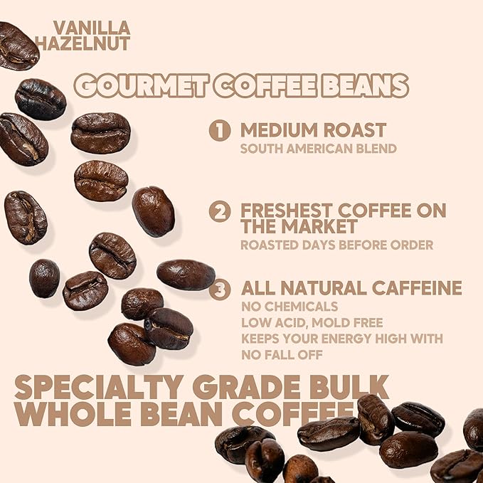 Sarasota Coffee Whole Bean Vanilla Hazelnut | Medium Roast Gourmet Flavored Coffee Beans | Low Acid, Mold Free, Specialty Grade Bulk Beans | 5lb (80 oz)