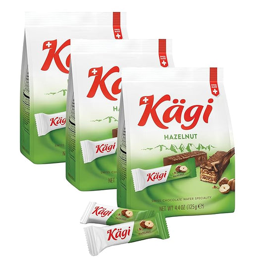 Swiss Milk Chocolate Covered Mini Wafers with Hazelnut Cream Filling by Kägi, Crispy Coated Sweet Snacks, Premium Individually Wrapped Treats, Chocolates Gifts, 3 Pack of 125g Bags