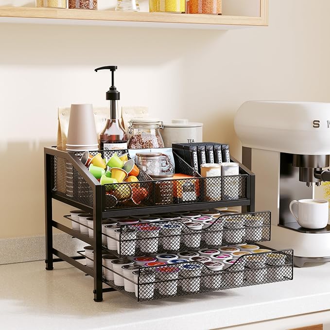 Coffee Bar Organizer - Coffee Station for Countertop, Metal and Wood K Cup holder Storage Basket for Syrup, Cups, Stirrer, Condiment, Tea Organizer, Black