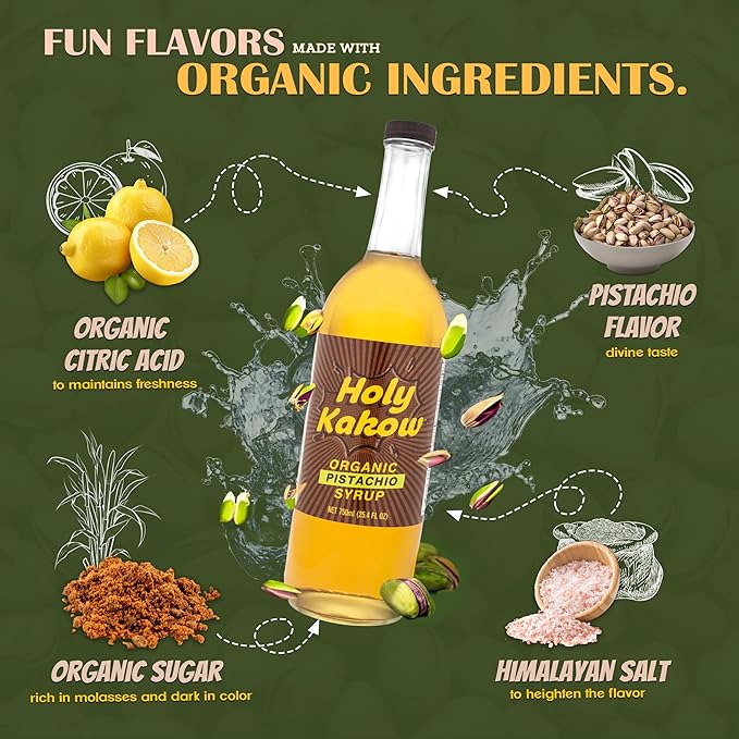 Holy Kakow Cafe Organic Pistachio Syrup - Pistachio Coffee Syrup, Organic Syrup for Coffee, Pistachio Syrup for Coffee, Add to Latte, Cocktail and Shake, Real Food Ingredients, Specific Flavor - 750ml