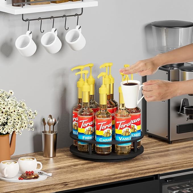 THYGIFTREE Large Rotating Coffee Syrup Organizer 9 Bottles Syrup Rack for Countertop Wood Syrup Bottle Holder Stand for Coffee Bar Station, Turntable Wine Display Tray, Black