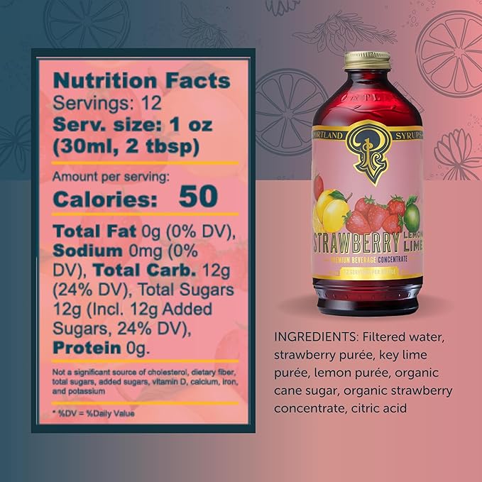 Portland Syrups Strawberry Lemon-Lime Syrup - Summer in a Glass with Tangy Citrus and Sweet Strawberries - Premium Beverage Concentrate for Cocktails, Standalone Sodas, and More - 12 oz with 24 Servings (Pack of 1)