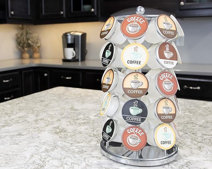 Nifty K Cup Holder – Compatible with K-Cups, Coffee Pod Carousel | 35 K Cup Holder, Spins 360-Degrees, Lazy Susan Platform, Modern Chrome Design, Home or Office Kitchen Counter Organizer