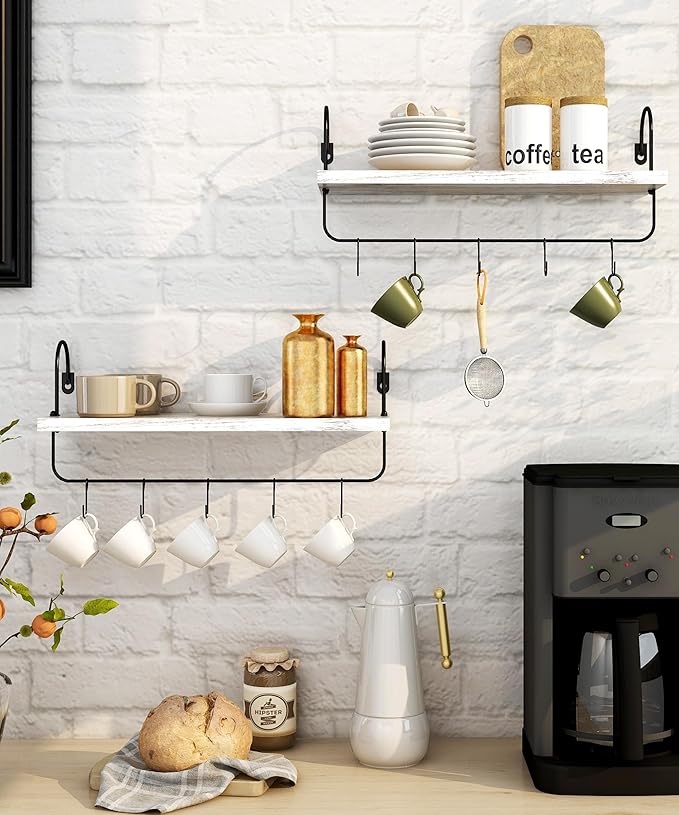 Coffee Mug Holder, Coffee Bar Shelf with Hooks Wall Mount Cup Organizer Mug Racks Pods Storage Hanger Farmhouse Kitchen Decor, White