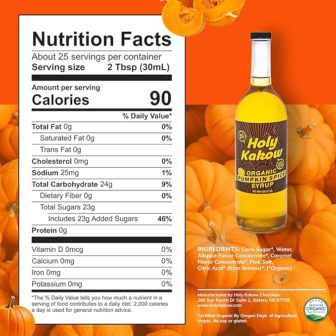 Holy Kakow Organic Pumpkin Spice Syrup - Pumpkin Spice Coffee Syrup, Organic Syrup for Coffee, Latte, Cocktail & Shake, Real Food Ingredients - 750ml