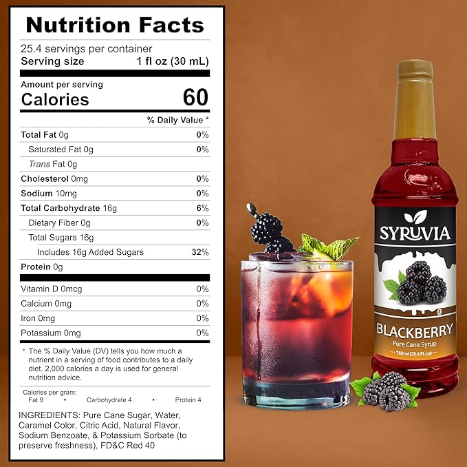 Syruvia Blackberry Syrup, Flavored Syrup for Drinks, Cocktails, Lemonades, Iced Teas, and Desserts – 25.4 fl oz, With Pump