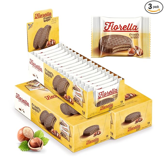 Fiorella Crunch Wafer Cookies, Milk Chocolate Covered Crispy Thin Crunch Wafers with Hazelnut Cream Filling, Chocolate Biscuits, 18 Individually Wrapped Snacks, Pack of 3