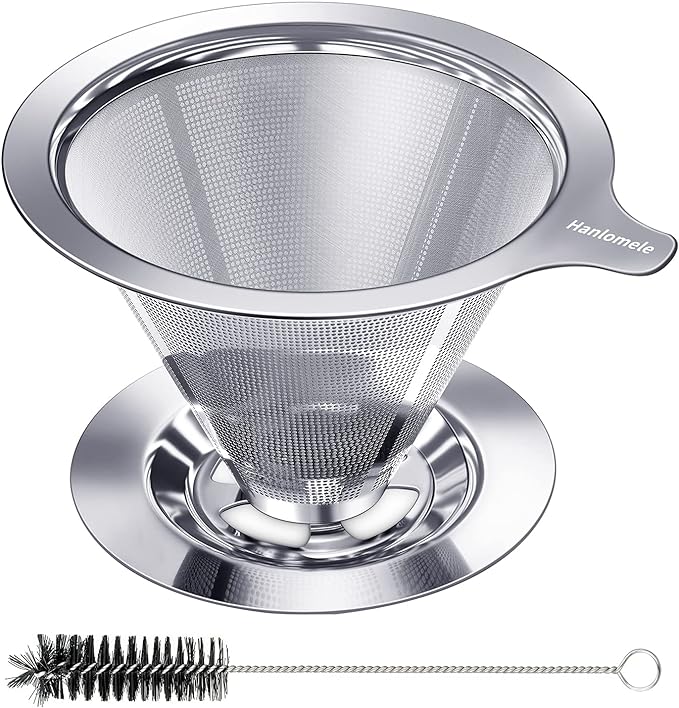 Pour Over Coffee Dripper, Paperless Reusable Coffee Filter, Pour Over Coffee Maker for Single Cup Brew, Double Mesh Design of Stainless Steel Cone Filter for Perfect Extraction (1-4 Cup)