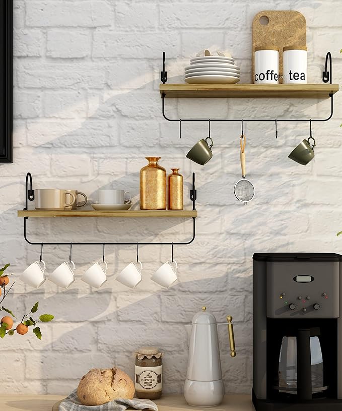 Floating Shelves with Hooks, Wall Mount Mug Holder Coffee Bar Accessories Wood Kitchen Organizer Storage with Towel Rack for Bathroom Set of 2