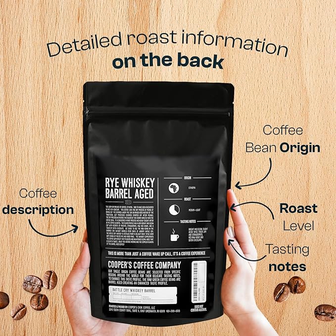 Rye Whiskey Barrel Aged Coffee, Single Origin Ethiopian Coffee Raw Beans Aged in Rye Whiskey Casks, Freshly Roasted, Battle Cry Whiskey, 2lb Bags, Whole Beans