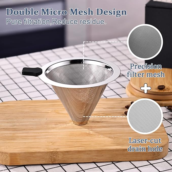 Small Size Pour Over Coffee Filter Dripper, Stainless Steel Metal Cone Drip Coffee Filter, Paperless and Permanently Reusable, Double Mesh Coffee,Tea Filter for 1-2 Cups