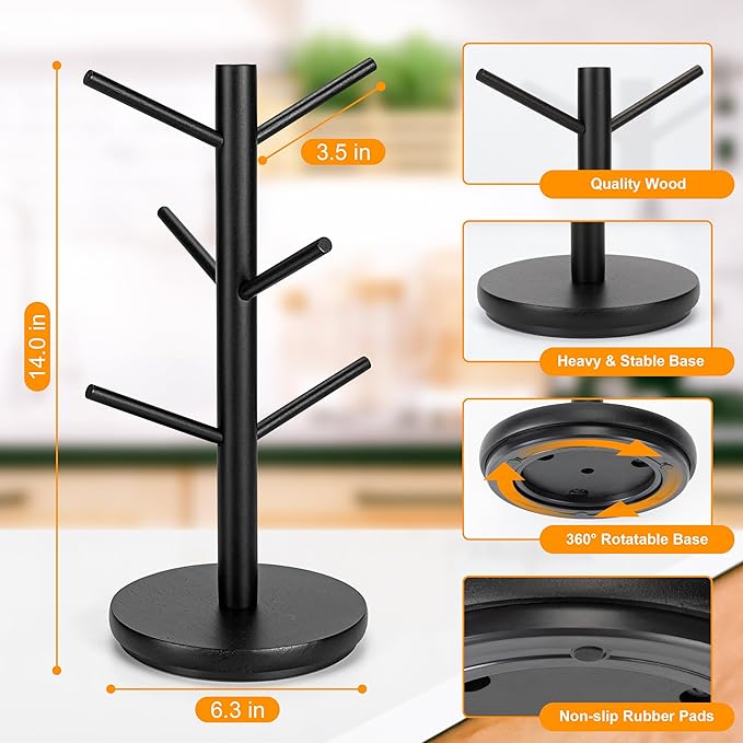 MyLifeUNIT Mug Holder Tree, 360° Rotated Coffee Cup Holder with 6 Hooks, Wooden Coffee Mug Holder Organizer for Counter Top, Coffee Bar Accessories (Black)