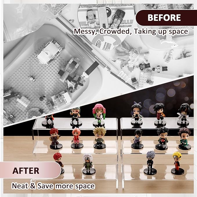 2 Set Large Acrylic Clear Display Risers, 3 Sizes 12" Rectangular Showcase Collectibles Display Shelf, 5mm Thick Desktop Display Stand Holder for Figures, Jewelry, Perfume, Toys