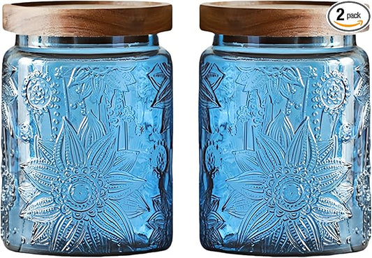 Set of 2 Vintage Blue Glass Storage Jars, 23.7 oz Mason Jars with Lids for Kitchen Pantry, Candy, Flour, Coffee, Pet Food, Decorative Kitchen & Home Decor (Blue, 2 Pack)