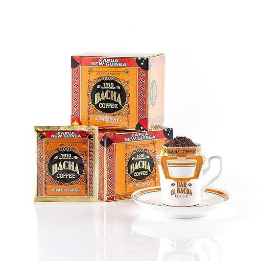 Bacha Coffee | Sigri Jewel Papua New Guinea Single Origin, 100% Arabica Specialty Coffee Beans, Medium Dark Roast, x12 Individually Wrapped Single Serve Filter Bags