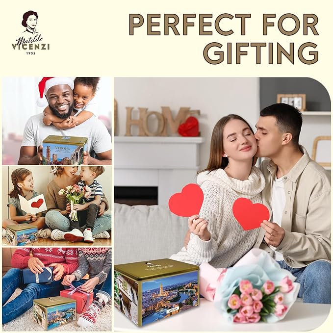 Matilde Vicenzi Verona Gift Tin - Assortment of Italian Pastries and Cookies - Gourmet Gifts For Thanksgiving & Christmas - Assorted Cookies in Italian Design Tin 32oz (907g)