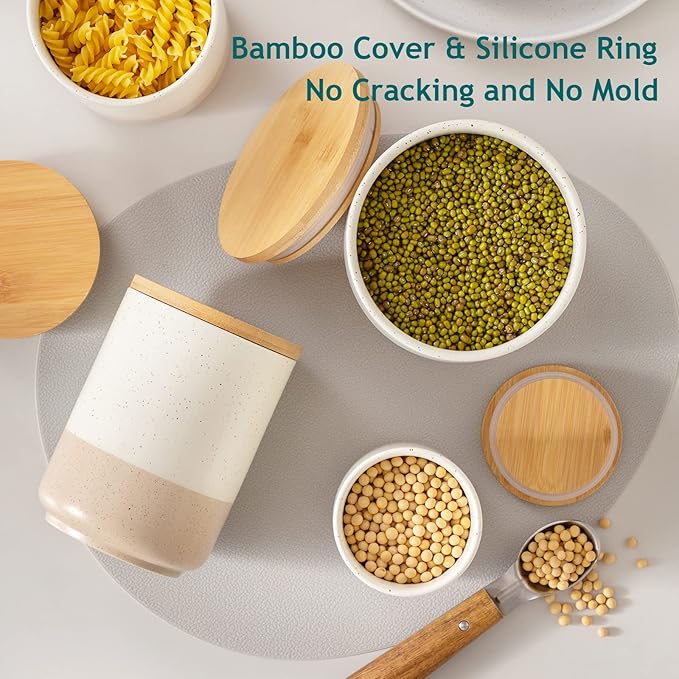 vancasso Sabine Ceramic Canister Set with Airtight Wood Lids - 3-Piece Kitchen Storage for Flour, Sugar, Coffee, Tea & Spices - Modern Countertop Decor