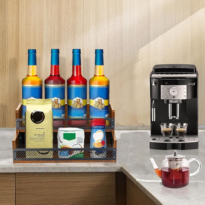 Liquor Bottle Display Shelf, Coffee Syrup Rack Organizer, 2 Step Countertop Liquor Wine Rack, 8 Bottles Coffee Station Organizer with Fences & Handles, Home Retro Bar Shelf Stand for Liquor Whiskey