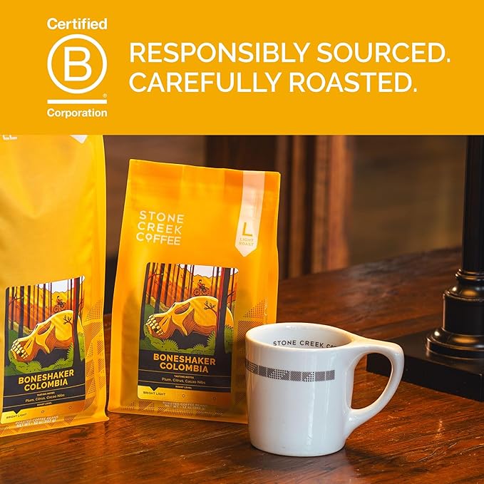 Stone Creek Coffee Light Roast Ground Coffee – 12 Ounce (Pack of 1) – Smooth Specialty Fresh Roasted Coffee Beans with Juicy and Citrus Tasting Notes, Boneshaker Colombia