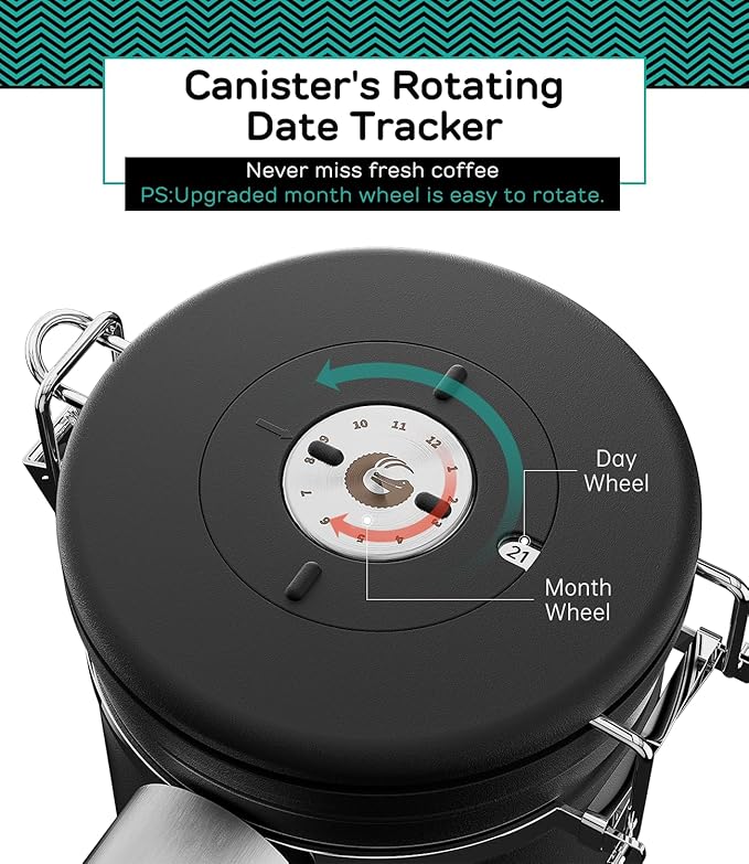 Coffee Gator Coffee Canister, 22oz Airtight Stainless Steel Kitchen Food Storage Container with Date Tracker, Valve, Scoop for Sugar, Grounds, Beans, Tea, Sugar, Cereal, Flour, Cookies Jars - Black