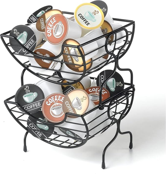 Nifty Single-Serve Wire Coffee Basket – Stacked Two-Tier Coffee Pod Storage Holder, Compatible with K-Cups, Home or Office Kitchen Counter Organizer, Modern Black Design