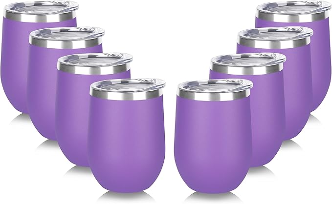 DOMICARE Stainless Steel Wine Tumbler Bulk with Lid, Personalized Insulated Tumblers Set, 12oz Travel Coffee Cups Pack of 8, Purple