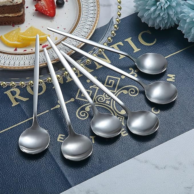 Matt Silver 6.6'' Teaspoons - 6 Piece Stainless Steel Tea Spoons for Home, Kitchen or Restaurant - Dishwasher Safe