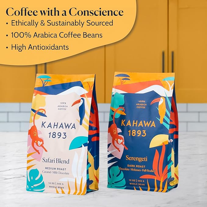 Kahawa 1893 Whole Bean Coffee Combo Pack Safari & Serengeti Blend (12 Oz x 2) - As Seen on Shark Tank, High Antioxidants, Naturally Sweet, Organically Grown, Ethically & Sustainably Sourced