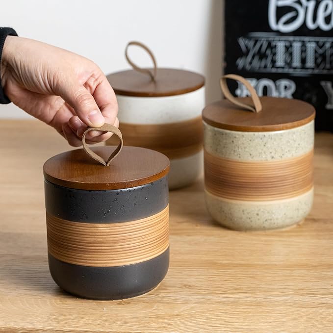 Small Ceramic Jar with Lid, Coffee Container Kitchen Food Storage Jars for Spice Sugar Tea Bag Matcha Container Airtight, Stacairtightkable Decorative Jars for Countertop, Black & 5 fl.oz