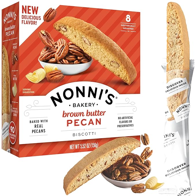 Nonni's Brown Butter Pecan Biscotti, Nutty Pecan Cookie with Rich Browned Butter Flavor, 8 Individually Wrapped Bakery Snacks, 5.52 oz