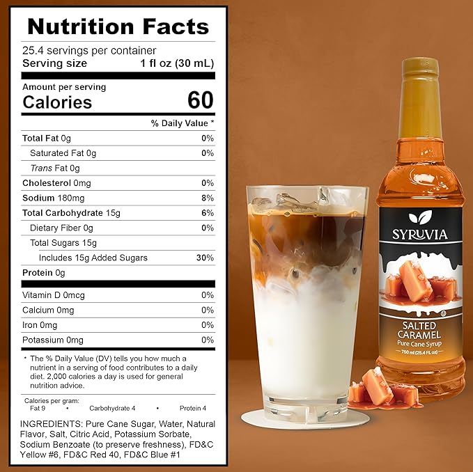 Syruvia Coffee Syrup, Salted Caramel Flavored Syrup for Drinks, Lattes, and Desserts – 25.4 fl oz, With Pump