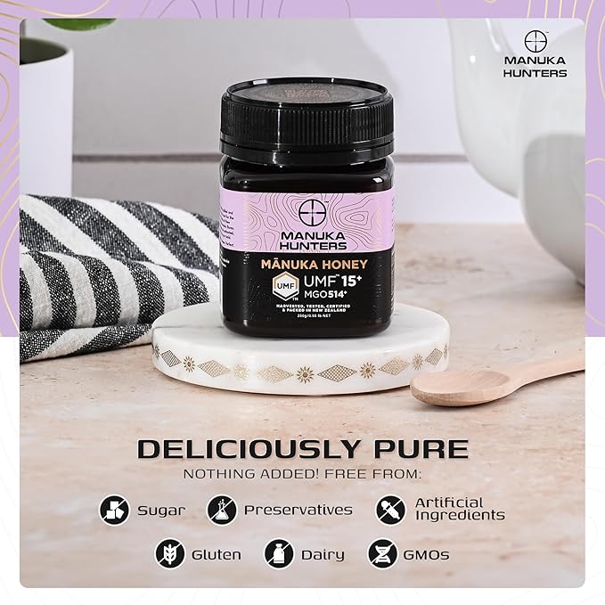 Manuka Hunters UMF 15+/MGO 514+ Certified New Zealand Manuka Honey - 100% Pure Natural Sweetener - Gluten, Dairy Free - Ideal for Tea, Coffee, Smoothies, and Baking - Sustainable - 8.8oz/250g Jar