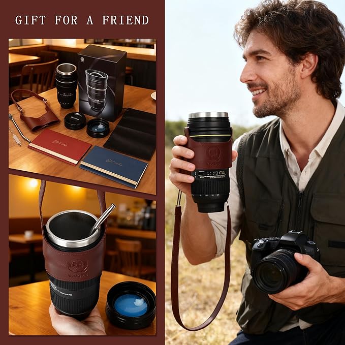 Camera Lens Coffee Mug (420ml/14oz) - Stainless Steel Travel Mug Set with 2 Leak-Proof Lids, Steel Straw, Cleaning Brush & Carrier Strap - Novelty Gift for Photographers & Travelers