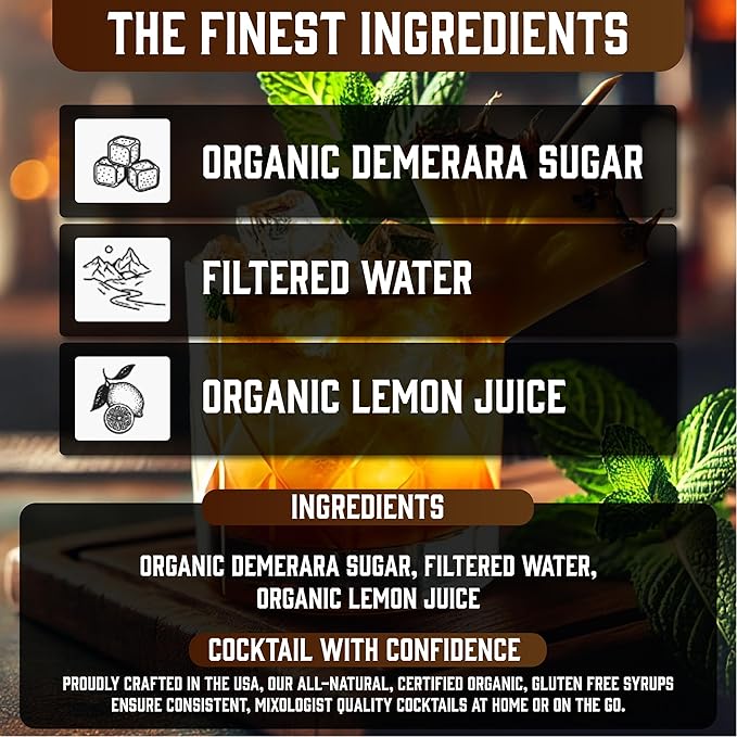 Bartender’s Secret Sauce USDA Organic Demerara Syrup – 2-Pack (16oz Bottles) – Handcrafted, Gluten-Free Cocktail Syrup – Makes 128 Drinks – Great for Old Fashioneds, Tiki & Coffee Drinks