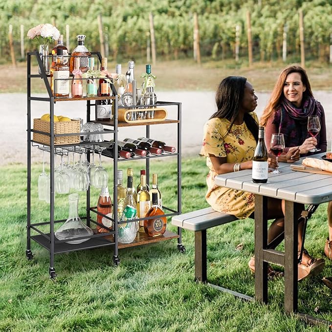 VINAEMO Rolling Bar Cart with Wine Glass Holder, Mini Bar for Whiskey Wine, Liquor Cart for Home, Alcohol Cabinet for Kitchen, Dining Room